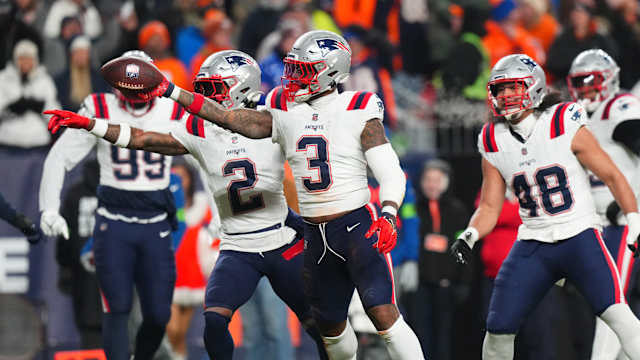 Dec 24, 2023; Denver, Colorado, USA; New England Patriots linebacker Mack Wilson Sr. (3) reacts to a defensive play in the first quarter against the Denver Broncos at Empower Field at Mile High. Mandatory Credit: Ron Chenoy-USA TODAY Sports
